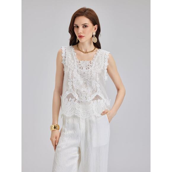 Rich Radi Q's Top Womens Large White Lace Embroidered Tank Vest Boho Elegant - Picture 14 of 16